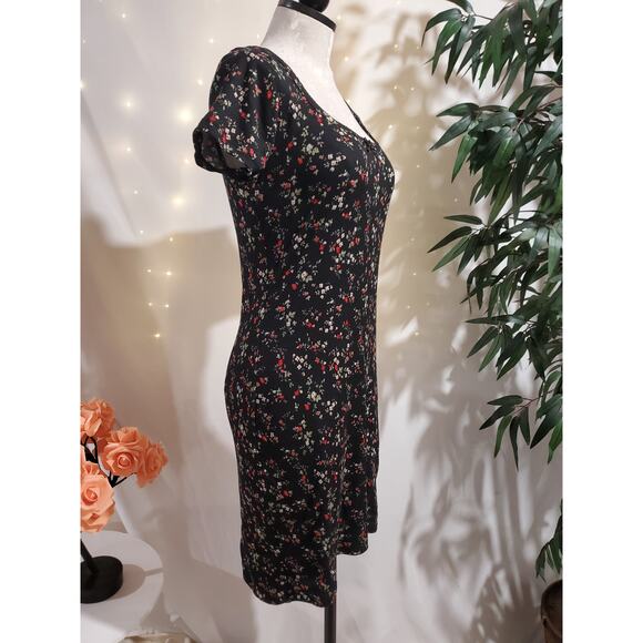 Vtg Justify Y2K Ditsy Dark Floral Ribbed Square Neck Bow Dress L Whimsigoth 90s - Picture 6 of 14